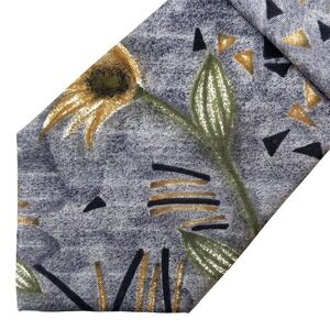 HALSTON III Vintage Men's Floral Neck Tie •‎ 100% Silk • gray, tan, green • EUC